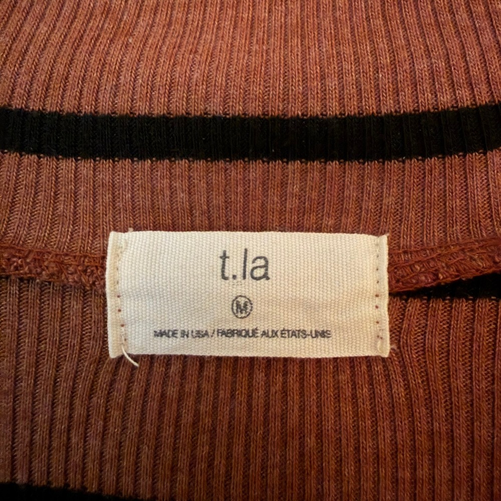 Anthropologie t.la Ruffled Turtleneck Top Brown Black Stripped Size Medium - Picture 4 of 7